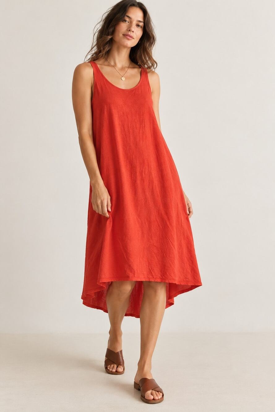 Eileen Fisher Orange Red Midi Tank Dress Silk Cotton Boho Lagenlook Coastal LRG